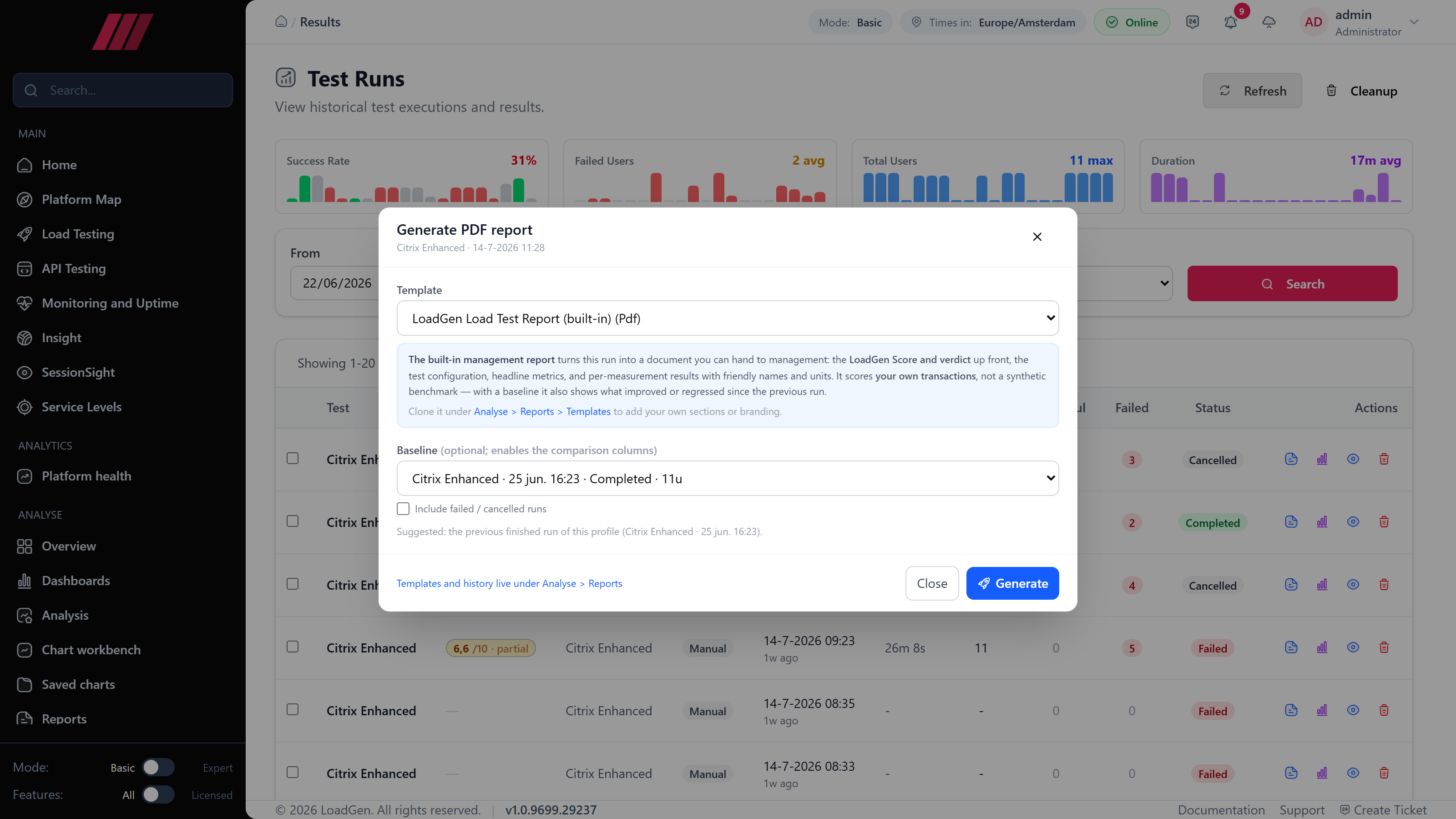 Generate PDF report dialog with built-in template and auto-suggested baseline